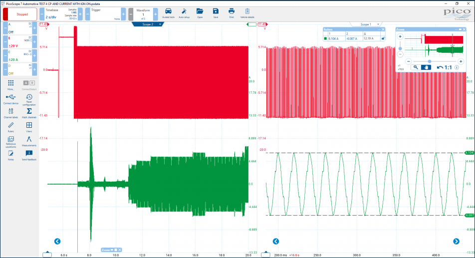 Screenshot of PicoScope 7 Automotive showing the addition of the current clamp to show current flow