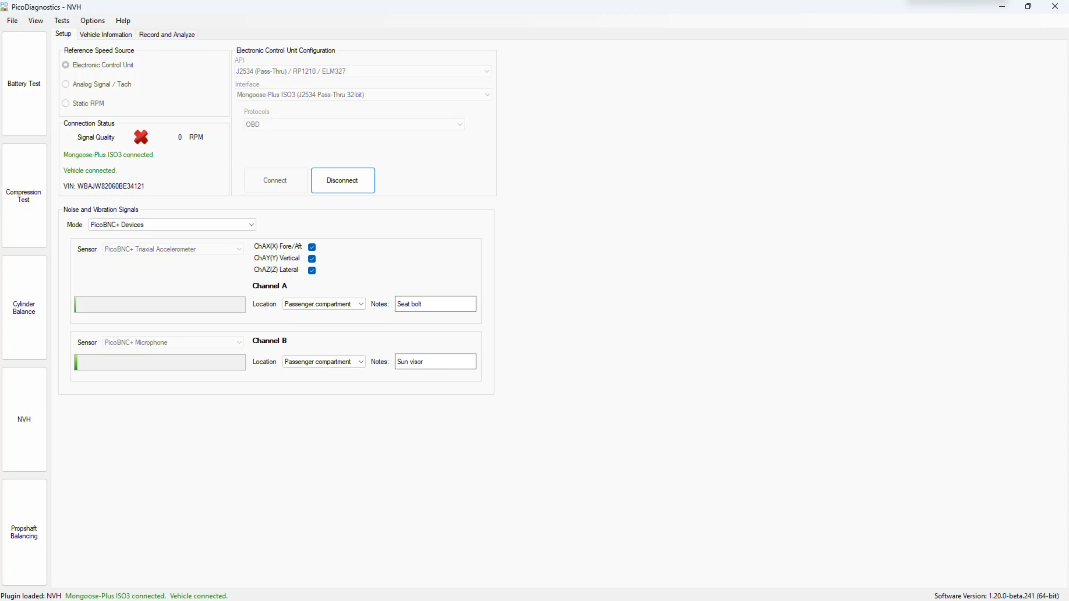 PicoDiagnostics NVH software setup screen