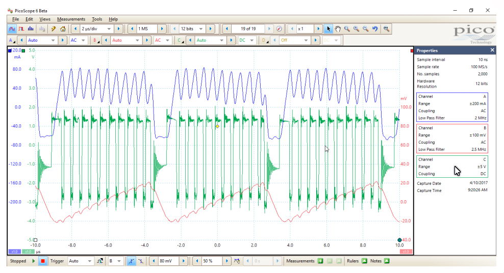 Initial waveforms captured on ISL9120 evaluation board overlaid