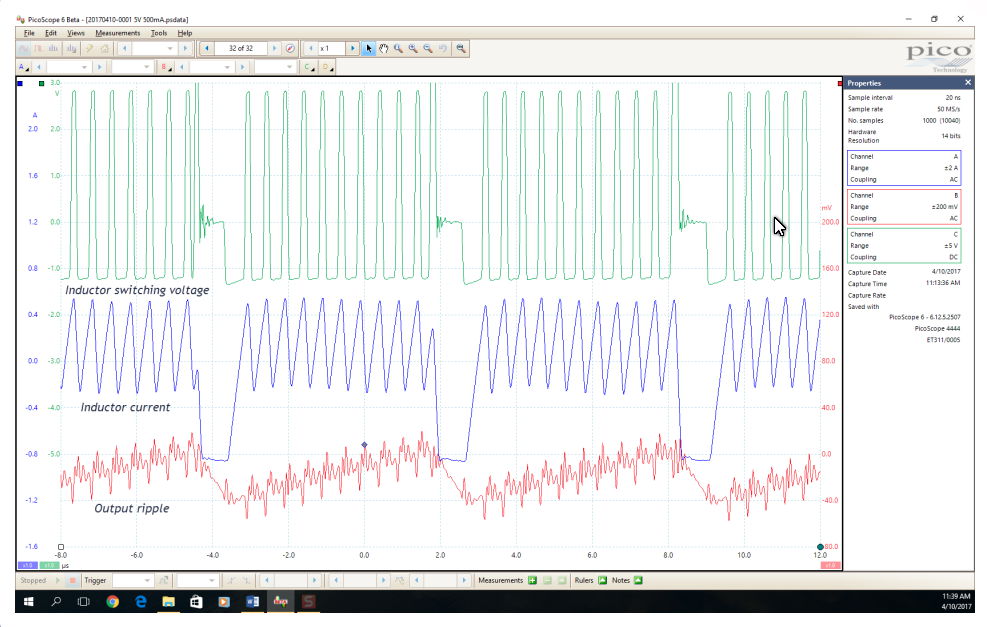 Step-down operation (Vin = 5 V, Vout = 3.4 V and Iout = 500 mA)